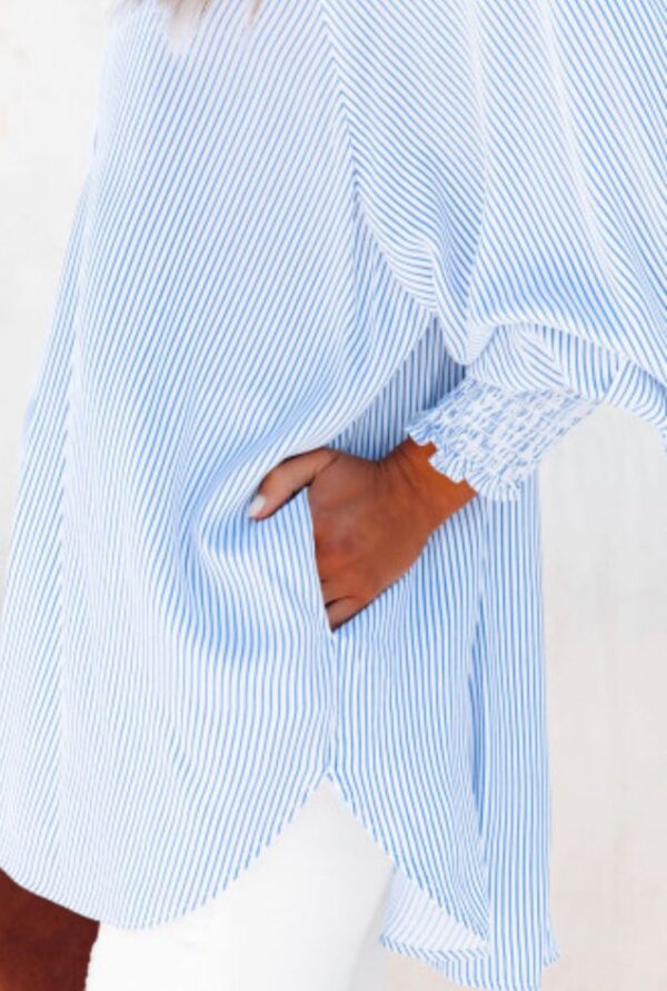 Smocked Cuffed Striped Boyfriend Shirt with Pocket - Image 3