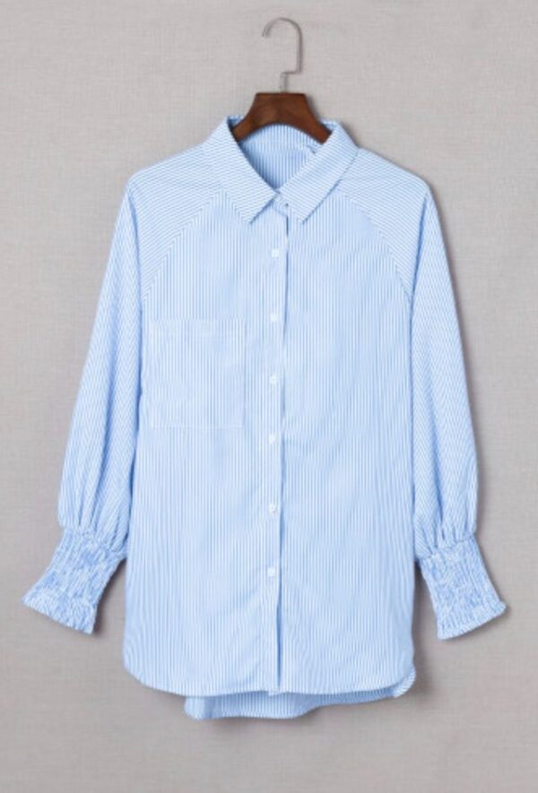 Smocked Cuffed Striped Boyfriend Shirt with Pocket - Image 2