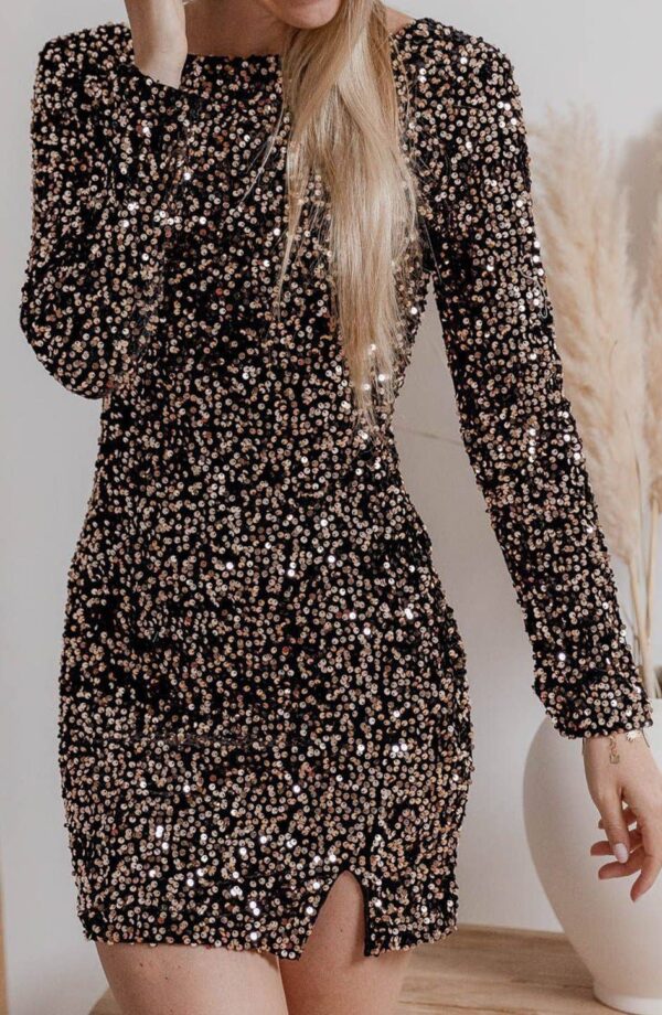 Sequin Crew Neck Long Sleeve Bodycon Dress