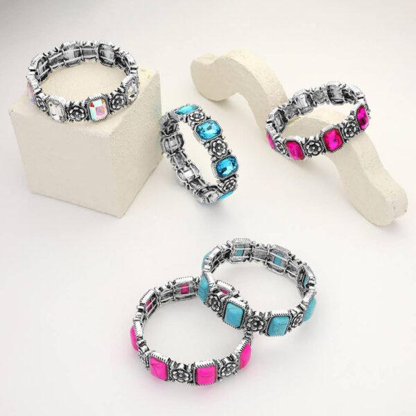 Rectangle Stone Western Metal Flower Link Stretch Bracelet