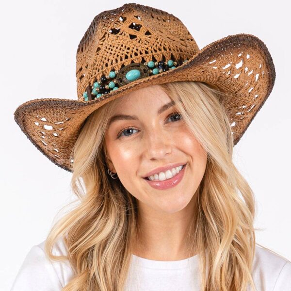 Open Weave Cowboy Hat with Western Wood Bead Band - Image 6
