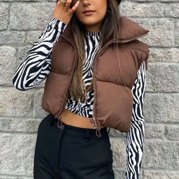 Stand Collar Quilted Short Vest - Image 3