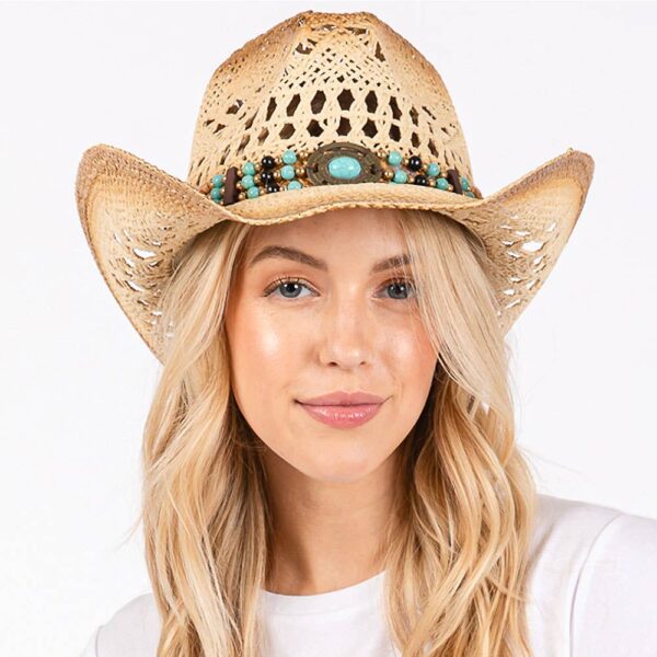 Open Weave Cowboy Hat with Western Wood Bead Band - Image 9
