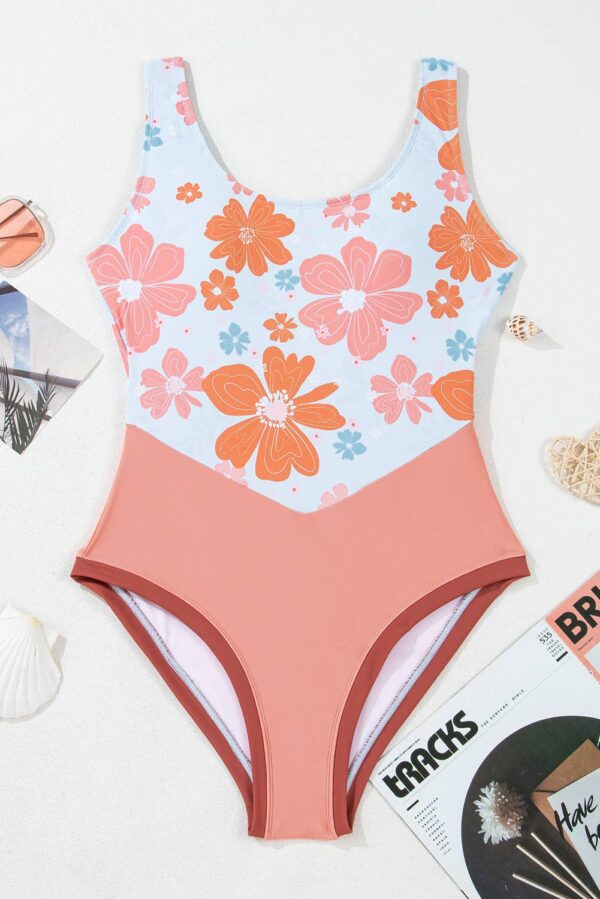 Floral Patchwork Backless One Piece Swimsuit - Image 3