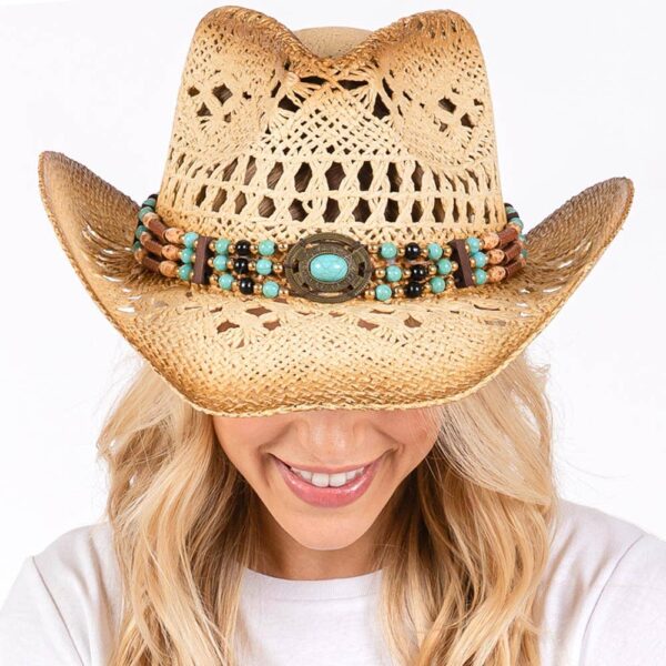 Open Weave Cowboy Hat with Western Wood Bead Band - Image 14