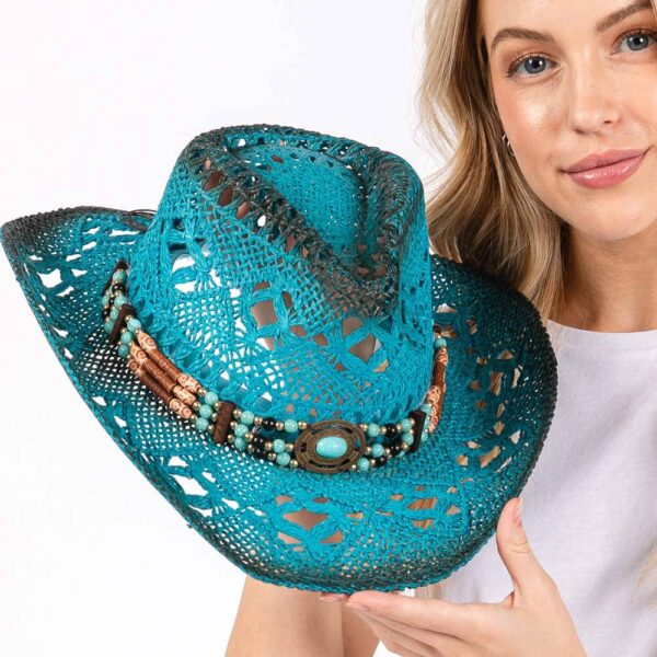 Open Weave Cowboy Hat with Western Wood Bead Band - Image 16