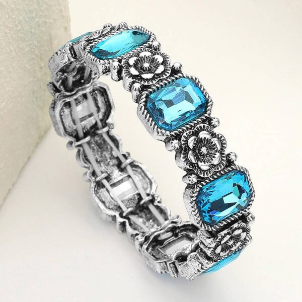 Rectangle Stone Western Metal Flower Link Stretch Bracelet - Image 6